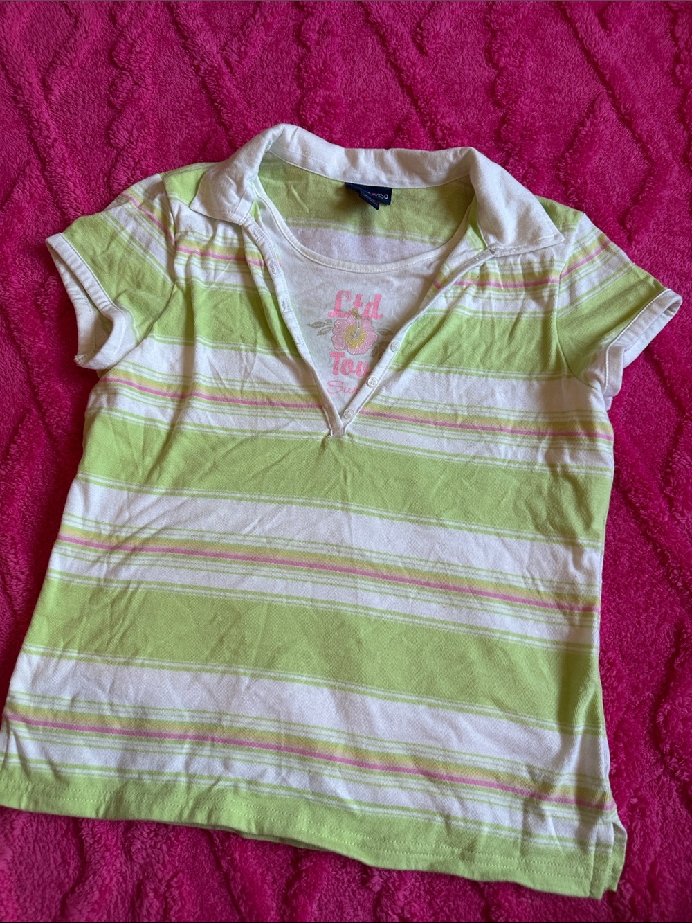 Y2K Limited Too Lime Green, White & Pink Striped Polo Top